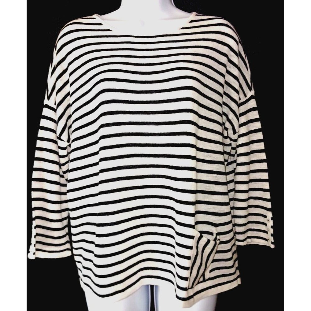 J.JILL Small White w/ Black Stripes Linen/Cotton Pullover 3/4" Sleeve Round Neck